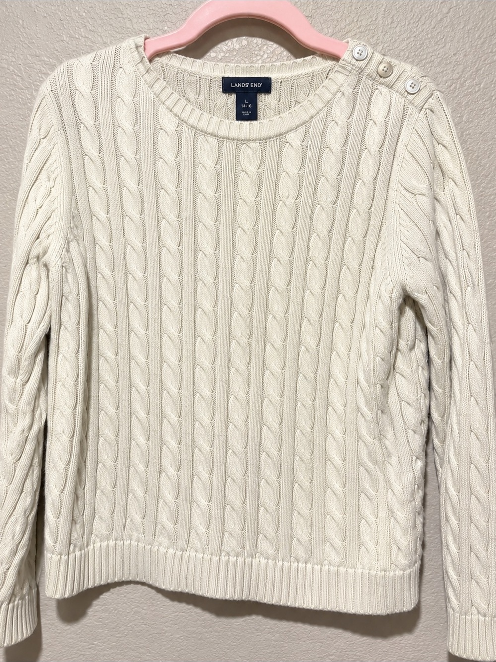 Girls Lands' End Cream Cable Knit Crewneck Sweater with Shoulder Buttons Size L